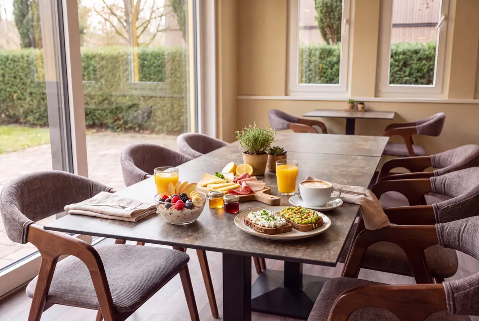 Frühstück am Fenstertisch des Cafés: Birchermüesli mit Beeren, Brot mit Kräuterhüttenkäse und Guacamole, Käse und Aufschnitt, Honig, Konfitüre, Cappuccino und Orangensaft (Symbolbild)