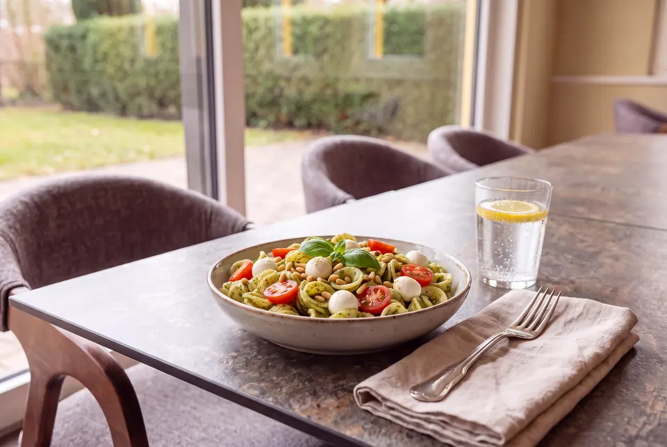 Schale mit Caprese-Pastasalat — Orecchiette, Pesto, Cherrytomaten, Mozzarella und Pinienkerne — am Fenstertisch des Cafés, daneben ein Glas Wasser (Symbolbild)