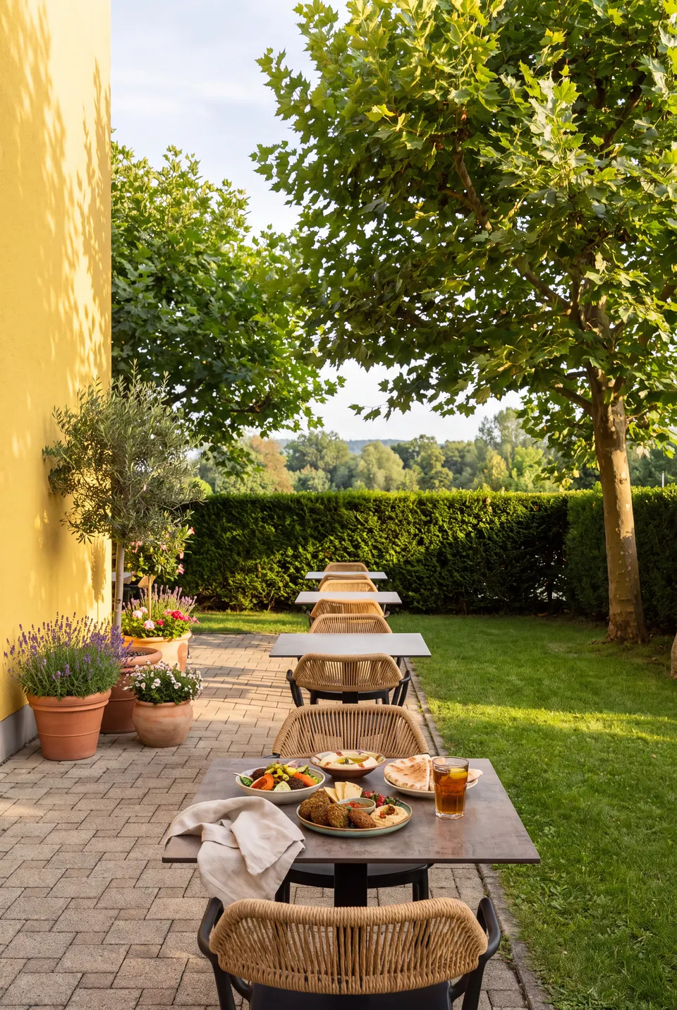 Terrasse unter Platanen vor dem Haus mit Tischen und Stühlen (Symbolbild auf Basis einer Aufnahme des Lokals)
