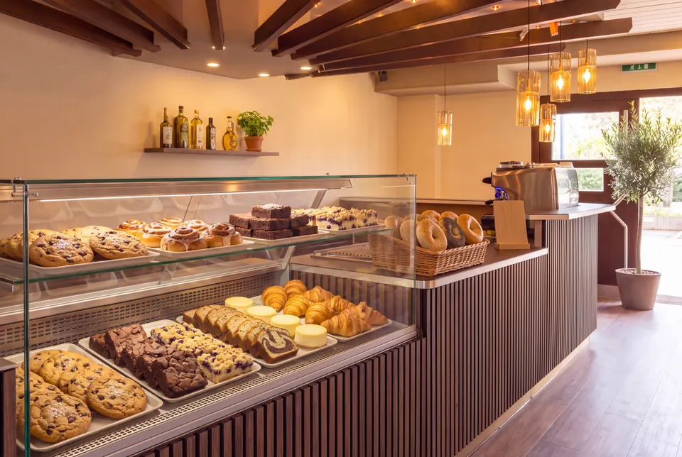 Vitrine an der Theke mit Chocolate Chip Cookies, Zimtschnecken, Brownies, Heidelbeer-Streuselkuchen, Marmorkuchen, Chäschüechli und Gipfeli, daneben ein Korb Bagels (Symbolbild auf Basis einer Aufnahme des Lokals)
