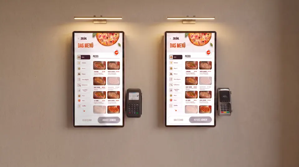 Selbstbedienungsterminal von Food Order® an der Wand